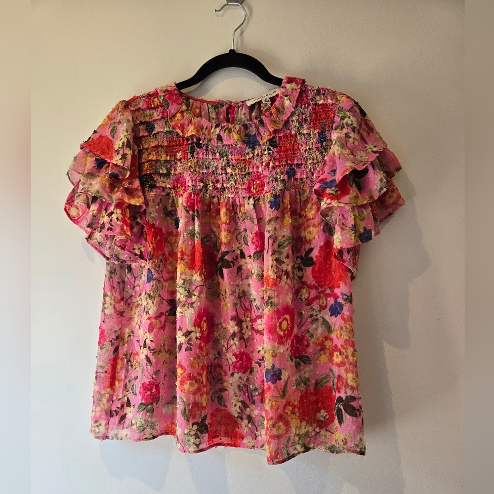 Rose + Olive Floral Pink Ruffle Blouse Size Medium